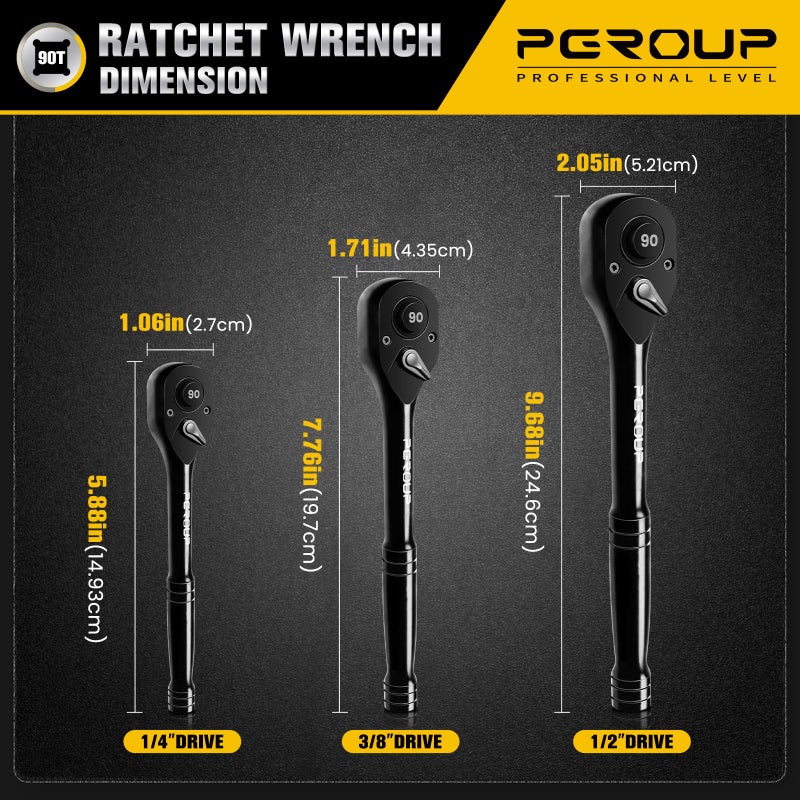 pgroup 3-Piece 90 Tooth Ratchet Wrench Set  1/4   3/8   1/2  Drive Reversible Ratchets  4-Degree Swing  Ergonomic Handle  Chrome Alloy Made  Quick Release Ratchet Wrenches for Repairing  Home  DIY - Image 2